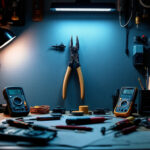A photograph of a well-organized workspace featuring an array of electrical tools