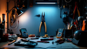 A photograph of a well-organized workspace featuring an array of electrical tools