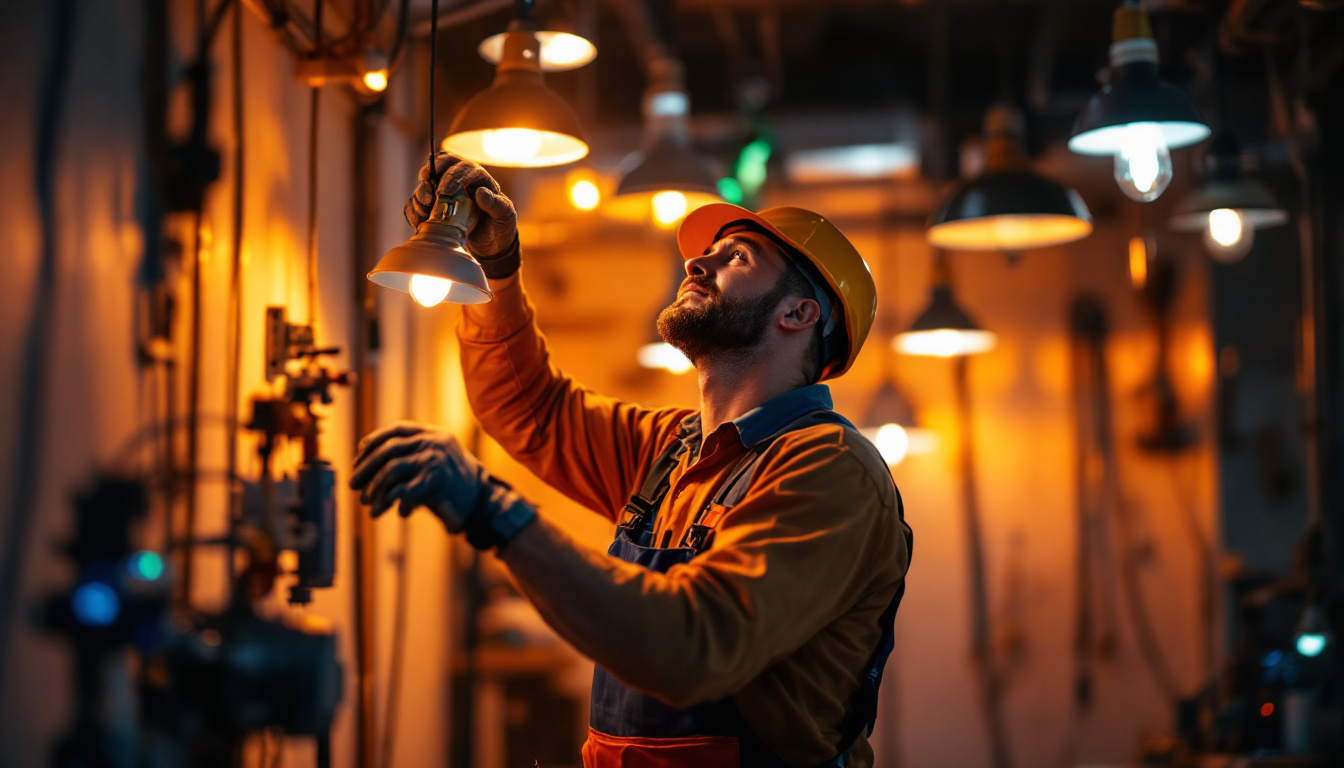 A photograph of a lighting contractor in action