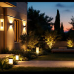 A photograph of a well-lit outdoor space featuring a variety of modern lighting fixtures