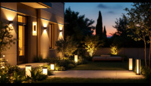 A photograph of a well-lit outdoor space featuring a variety of modern lighting fixtures