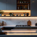 A photograph of a modern kitchen featuring energy-efficient led under cabinet lighting