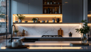 A photograph of a modern kitchen featuring energy-efficient led under cabinet lighting