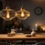 A photograph of a beautifully designed hanging lamp in a stylish interior setting