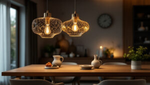 A photograph of a beautifully designed hanging lamp in a stylish interior setting