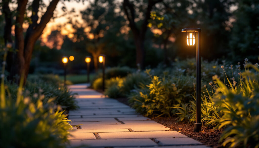 A photograph of a beautifully illuminated path lined with stylish path lights in a serene outdoor setting