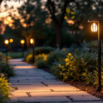 A photograph of a beautifully illuminated path lined with stylish path lights in a serene outdoor setting