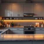 A photograph of a beautifully lit kitchen featuring stylish undercabinet lighting that highlights the countertops and creates an inviting atmosphere
