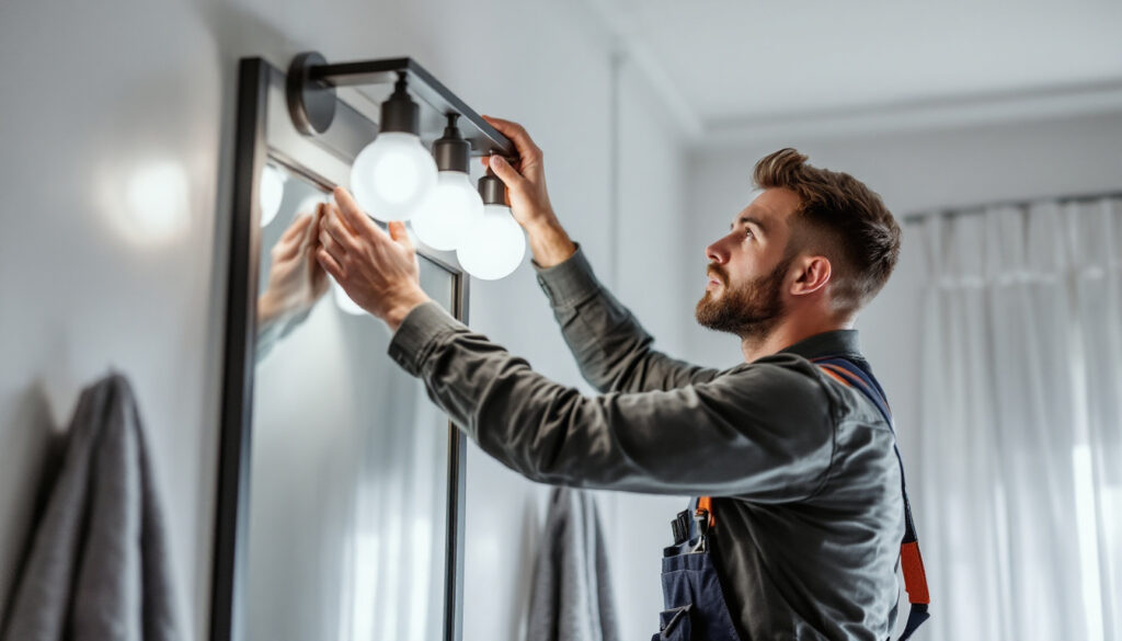 A photograph of a lighting contractor installing a stylish bathroom vanity light in a modern bathroom setting