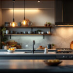 A photograph of a beautifully designed kitchen featuring hanging lights that illuminate the workspace