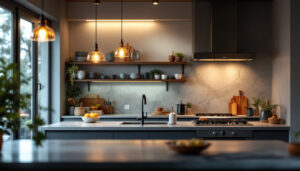 A photograph of a beautifully designed kitchen featuring hanging lights that illuminate the workspace