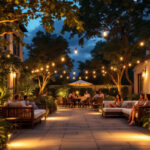 A photograph of a beautifully illuminated outdoor space at dusk