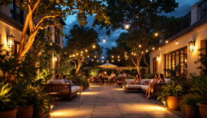A photograph of a beautifully illuminated outdoor space at dusk