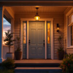A photograph of a beautifully lit front porch at dusk