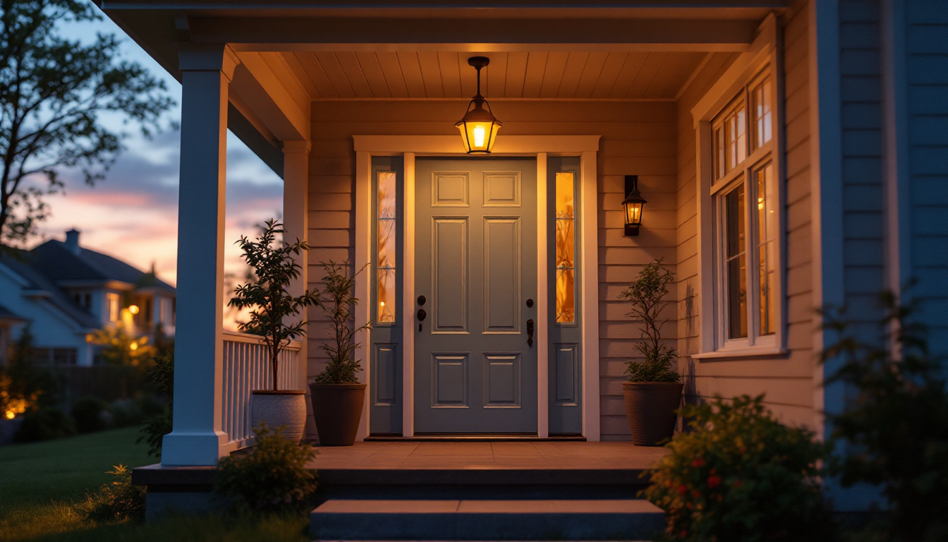 A photograph of a beautifully lit front porch at dusk