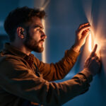 A photograph of a lighting contractor expertly installing led tape lights in a modern interior setting