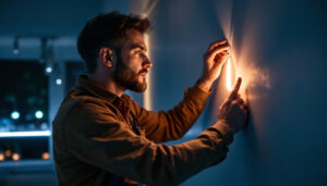 A photograph of a lighting contractor expertly installing led tape lights in a modern interior setting