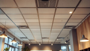 A photograph of a well-lit drop ceiling installation in a commercial space