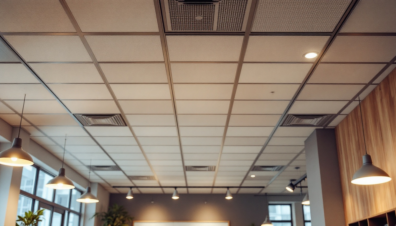 A photograph of a well-lit drop ceiling installation in a commercial space