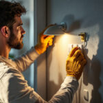 A photograph of a skilled lighting contractor installing or adjusting various types of electrical switches in a well-lit residential setting