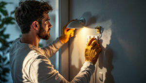A photograph of a skilled lighting contractor installing or adjusting various types of electrical switches in a well-lit residential setting