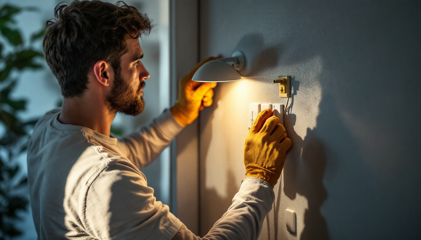 A photograph of a skilled lighting contractor installing or adjusting various types of electrical switches in a well-lit residential setting
