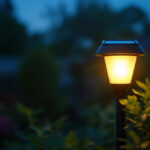 A photograph of a solar light bulb illuminating a garden or outdoor space at dusk