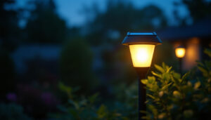 A photograph of a solar light bulb illuminating a garden or outdoor space at dusk