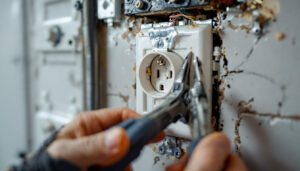 A photograph of capture a photograph of a close-up view of a dryer power receptacle being installed or inspected by a lighting contractor