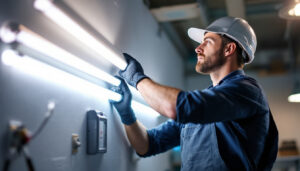 A photograph of a lighting contractor demonstrating the installation of t8 led light bulbs in a commercial setting