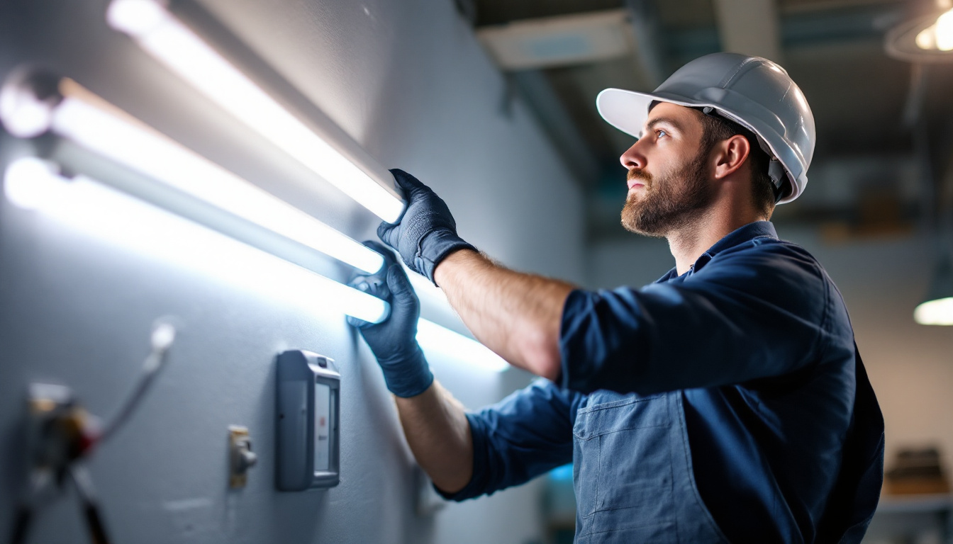 A photograph of a lighting contractor demonstrating the installation of t8 led light bulbs in a commercial setting