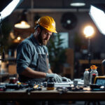 A photograph of a skilled lighting contractor at work