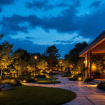 A photograph of a beautifully illuminated outdoor space at dusk