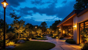 A photograph of a beautifully illuminated outdoor space at dusk