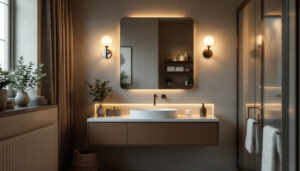A photograph of a beautifully designed vanity light fixture in a stylish bathroom setting
