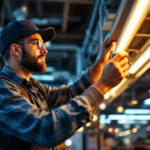 A photograph of a lighting contractor carefully inspecting and installing t8 led bulbs in a commercial setting