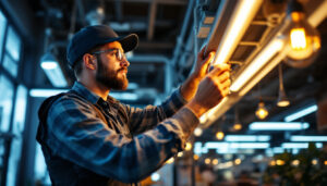 A photograph of a lighting contractor carefully inspecting and installing t8 led bulbs in a commercial setting