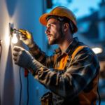 A photograph of a skilled lighting contractor installing an electrical receptacle in a well-lit residential setting