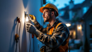 A photograph of a skilled lighting contractor installing an electrical receptacle in a well-lit residential setting