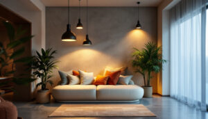 A photograph of a beautifully lit interior space showcasing innovative lighting designs