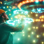 A photograph of a skilled lighting contractor at work