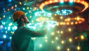 A photograph of a skilled lighting contractor at work