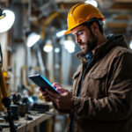 A photograph of a lighting contractor efficiently using the lightpost app on a tablet or smartphone at a job site