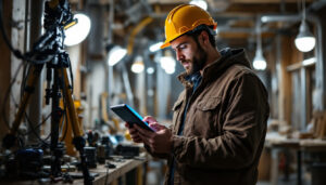 A photograph of a lighting contractor efficiently using the lightpost app on a tablet or smartphone at a job site