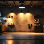 A photograph of a well-lit garage showcasing various stylish and functional light fixtures