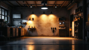 A photograph of a well-lit garage showcasing various stylish and functional light fixtures