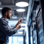 A photograph of a lighting contractor installing a modern light sensor in a commercial space