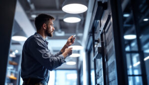A photograph of a lighting contractor installing a modern light sensor in a commercial space