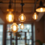 A photograph of a well-designed overhead lighting installation in a stylish interior space
