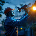 A photograph of a lighting contractor expertly installing or adjusting flood lights in an outdoor setting